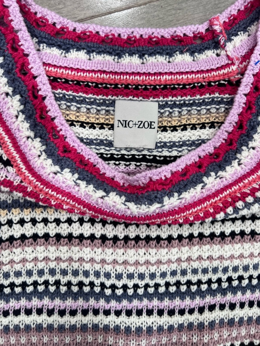 NIC+ZOE Multicolor Stripe Crochet Knit Sweater Mindfully Made Cotton, Medium - Picture 5 of 13